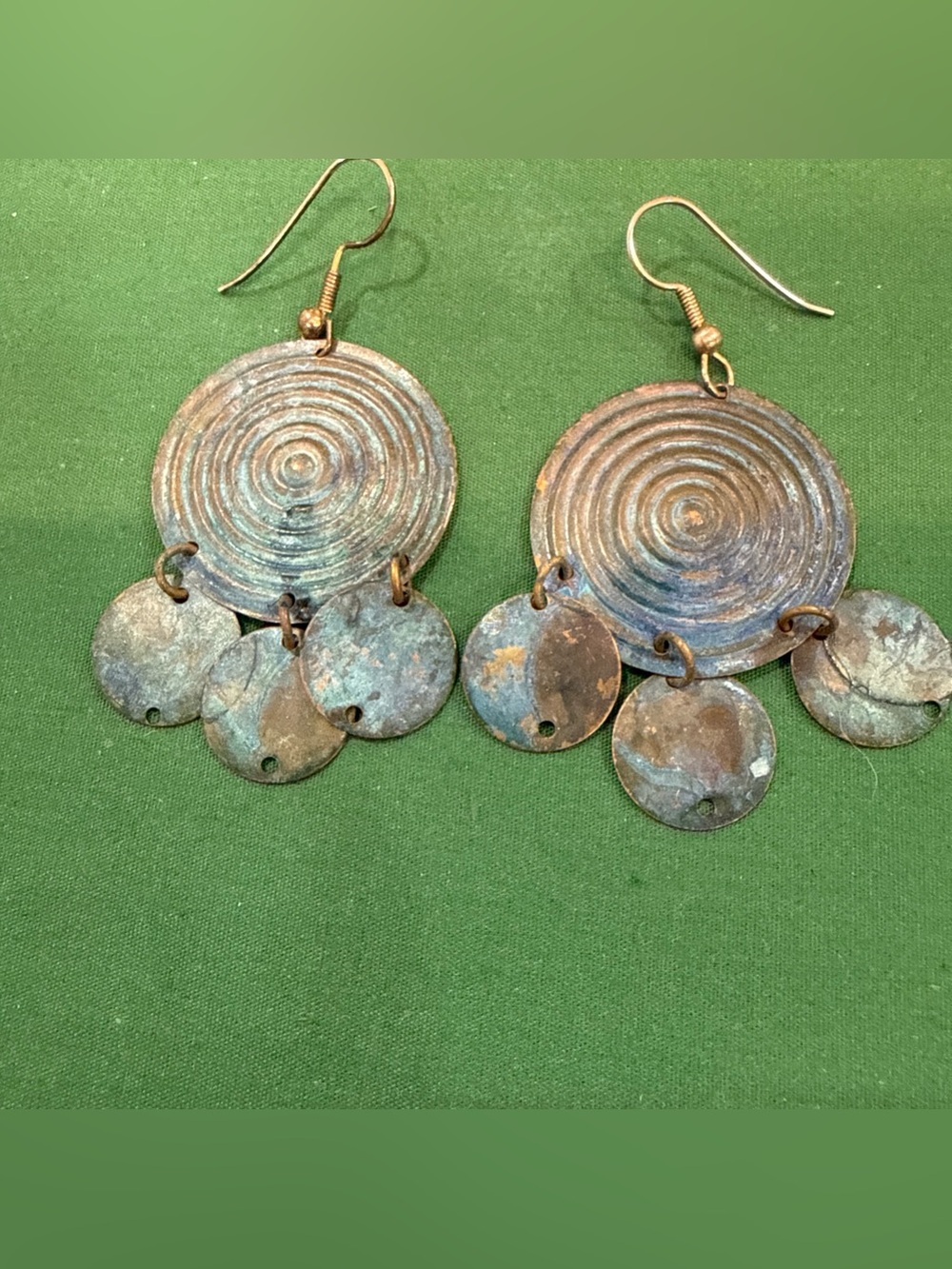 Rustic Copper Spiral Dangle Earrings Blue-green Oxidized Patina 22E